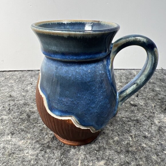 Unmarked Other - Studio Pottery Belly Coffee Mug Blue Drip Glaze Brown Carved Signed By KERRY IC